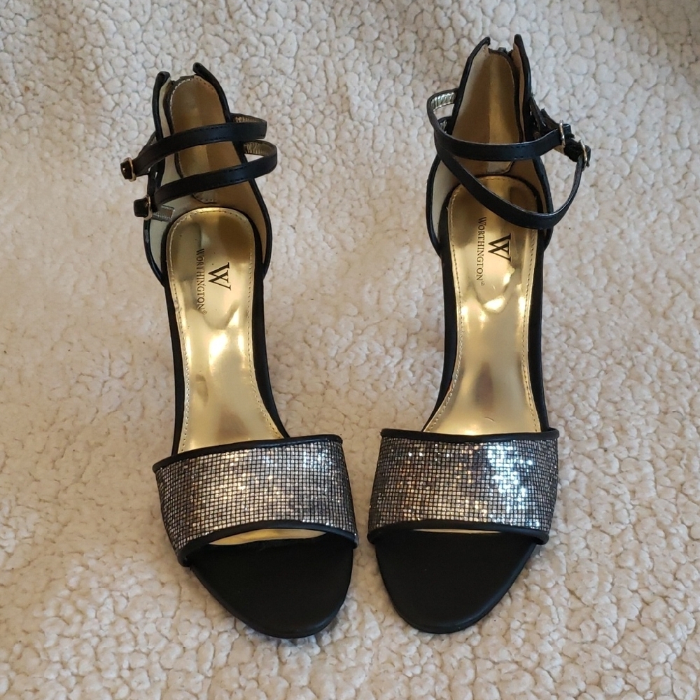 Worthington Black and Silver Heels with Open Toe Design and Ankle Straps